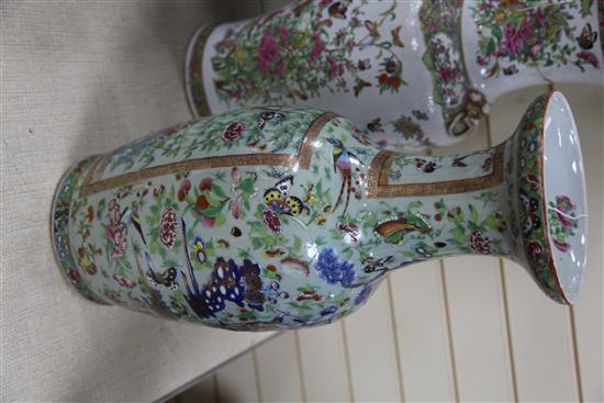 A large Chinese Canton-decorated celadon ground baluster vase, Daoguang period (1821-50), 58.5cm